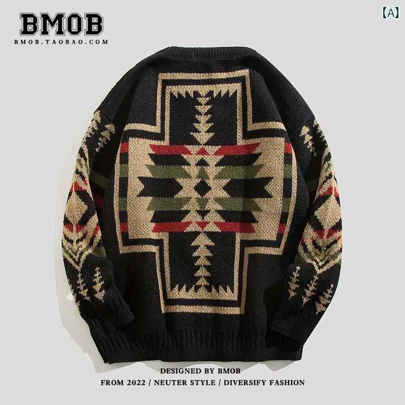 メンズ レトロ エスニック 厚手 セーター イン アメリカン ラウンドネック セーター ベース レイヤー