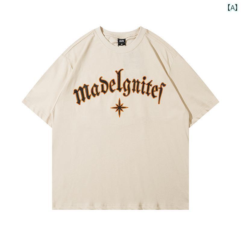 メンズ アメリカン レトロ プリント 刺繍 半袖 トップスス オーバー サイズ カジュアル カップル Tシャ..