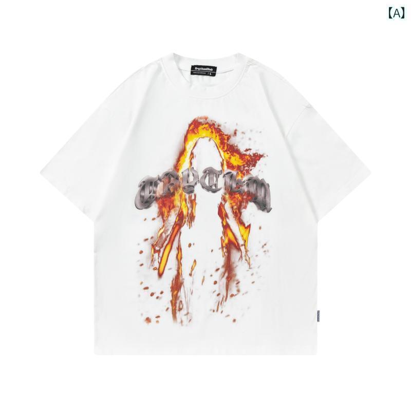 メンズ アメリカン ストリート フレーム レター プリント ダメージ 加工 半袖 トップスス カジュアル ..