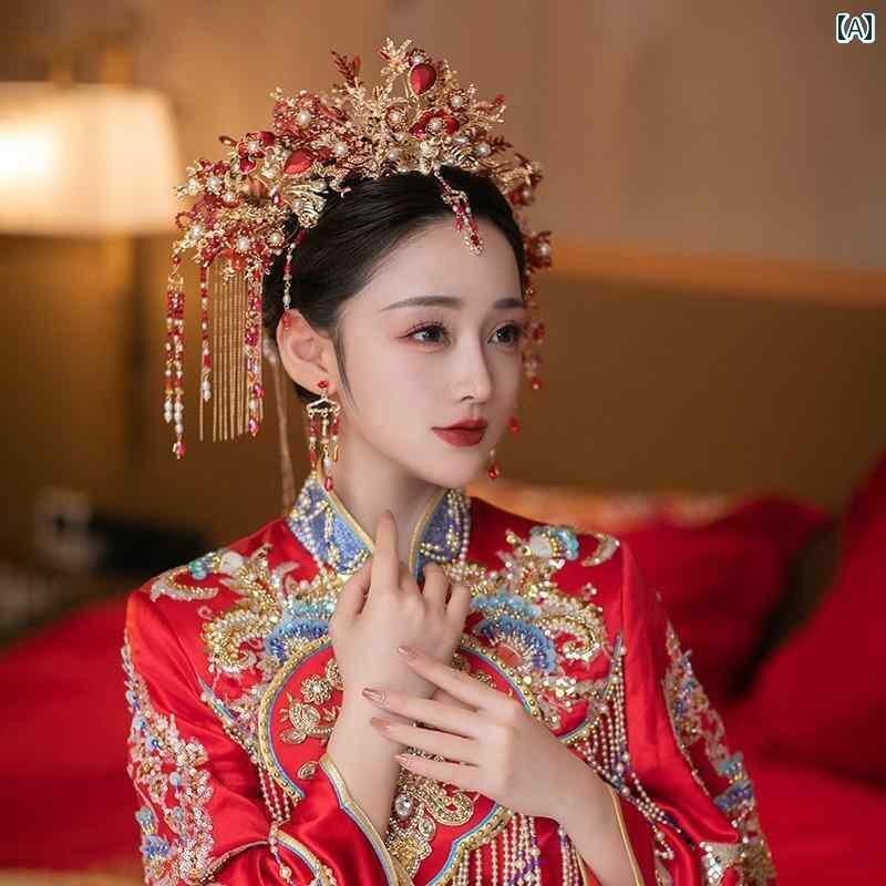 ブライダル ヘッドアクセサリー 結婚式 ウェディング パーティー 婦 花嫁 舞台 小道具 コスプレ ティアラ スーツ チャイナ風 赤 鳳凰 王冠 ヘア アクセサ...