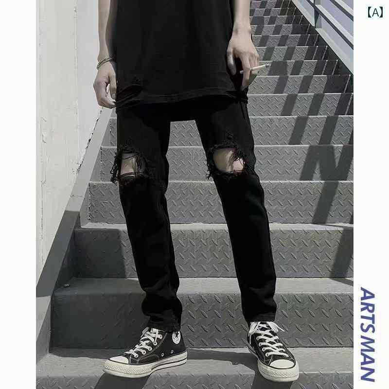 メンズ クラシック ダメージ ナイフ カット ジーンズ ストリート 快適 ブラック スリムフット パンツ