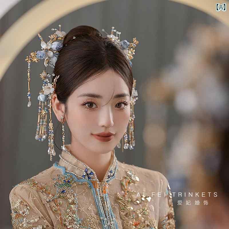 ブライダル ヘッドアクセサリー 結婚式 ウェディング パーティー 婦 花嫁 舞台 小道具 コスプレ ティアラ チャイナ風 ブルー クール 風 タッセル 額 ペンダント ヘア アクセサリー レトロ 衣装 スタイリング アクセサリー