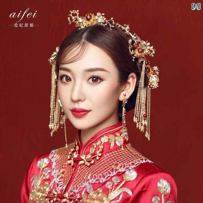 ブライダル ヘッドアクセサリー 結婚式 ウェディング パーティー 婦 花嫁 舞台 小道具 コスプレ 頭飾り レトロ 衣装 チャイナ風 グランド タッセル フェニ...