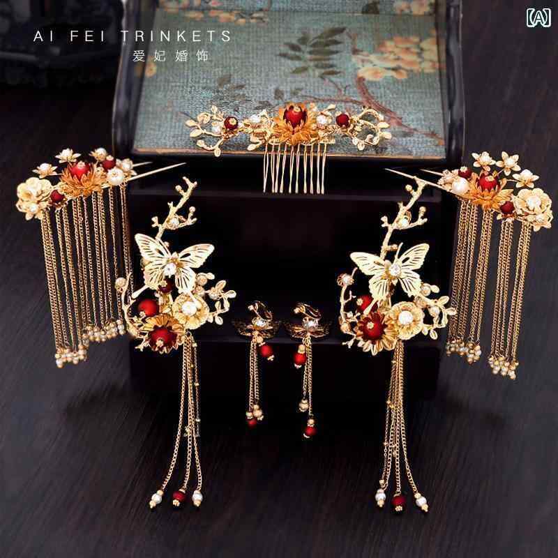 ブライダル ヘッドアクセサリー 結婚式 ウェディング パーティー 婦 花嫁 舞台 小道具 コスプレ チャイナ風 ヘッド ドレス シンプル エレガント 赤 タッセル ウォーキング フェニックス 王冠 ヘア アクセサリー 衣装 アクセサリー