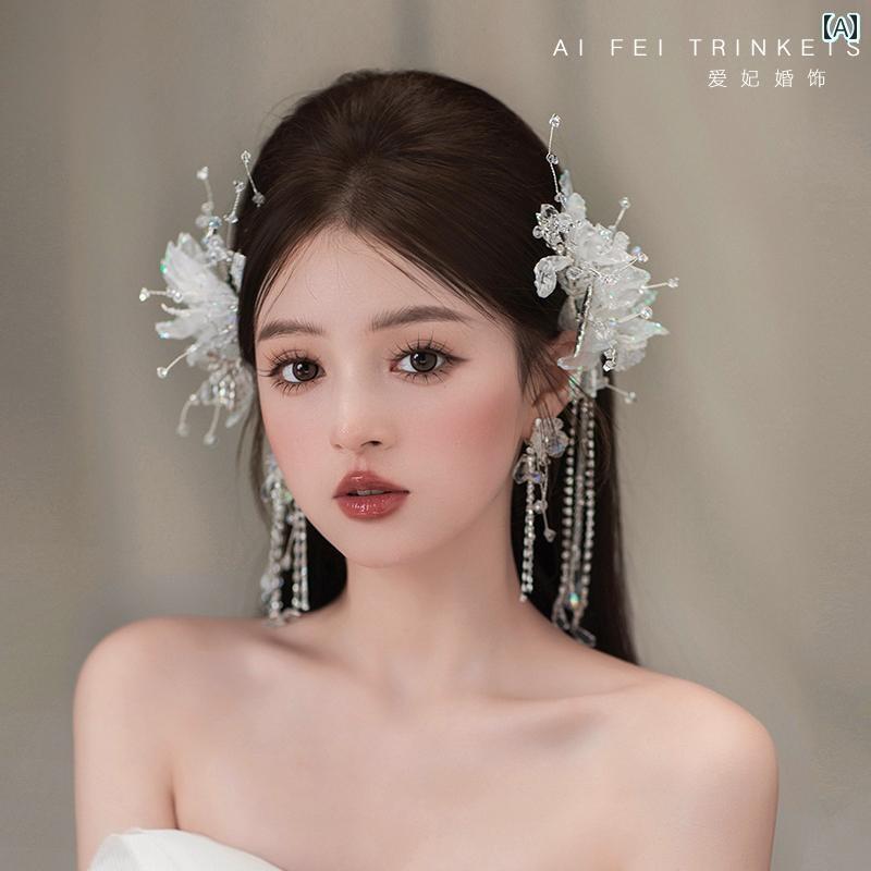 ブライダル ヘッド ドレス ガーゼ エッジ クリップ 韓国 タッセル ヘア アクセサリー ウェディングドレス イブニングドレス メイクアップ アクセサリー