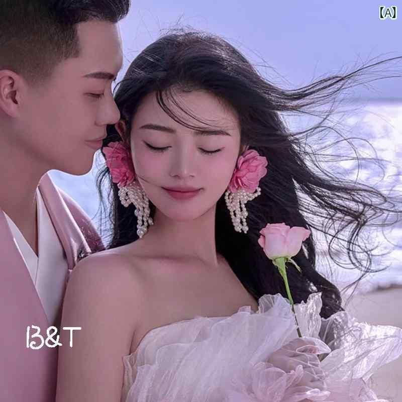 ブライダル アクセサリー ウェディング パーティー 結婚式 花嫁 婦 小物 パール リボン タッセル イヤリング ロング ボヘミアン イヤリング スーパー フェ...