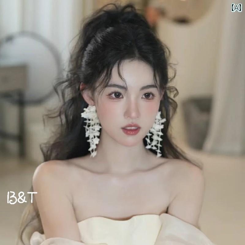 ブライダル アクセサリー ウェディング パーティー 結婚式 花嫁 婦 小物 韓国 フラワー イヤー クリップ スーパー フェアリー タッセル ロング フォレスト イヤリング ドレス イヤリング エレガント
