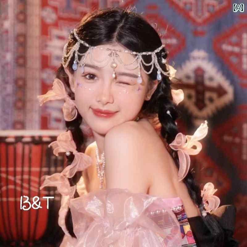 ブライダル ヘッドアクセサリー 結婚式 ウェディング パーティー 婦 花嫁 舞台 小道具 コスプレ 西 双 ナ ハニ メイク ダイ 頭飾り タッセル 額 飾り レトロ 額 ペンダント ヘア アクセサリー