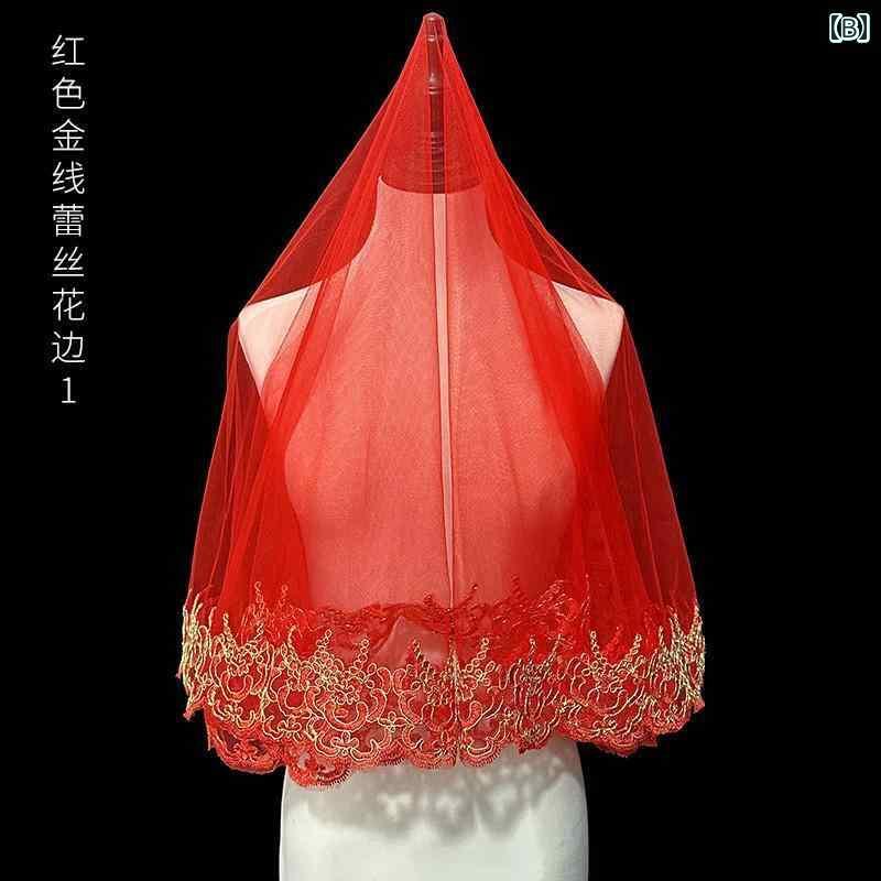 おうち健康生活のブライダル アクセサリー 小物 ウェディング 結婚式 パーティー 婦 花嫁 舞台 小道具 コスプレ ドレス ベール 中国 赤 ヒジャブ レース ベール 頭飾り｜アングル2