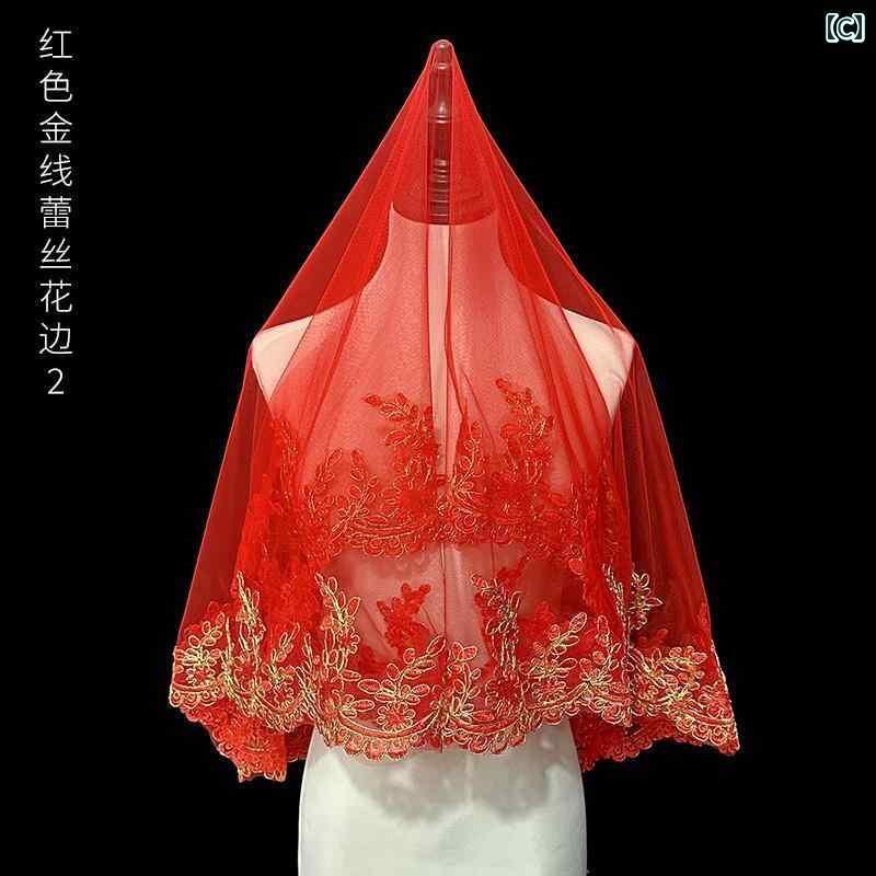 おうち健康生活のブライダル アクセサリー 小物 ウェディング 結婚式 パーティー 婦 花嫁 舞台 小道具 コスプレ ドレス ベール 中国 赤 ヒジャブ レース ベール 頭飾り｜アングル3