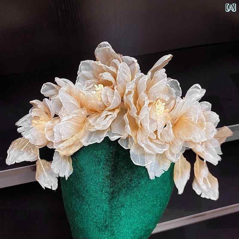 ブライダル アクセサリー 小物 ウェディング 結婚式 パーティー 婦 花嫁 舞台 小道具 コスプレ ヘッド ドレス シャンパン カラーオーガンジー カチューシャ ハンドアイロン フラワー カチューシャ 森 レトロ フォトスタジオ 旅行 写真撮影