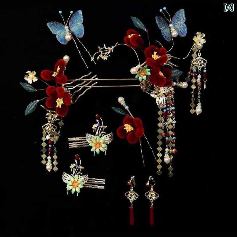 ブライダル アクセサリー 小物 ウェディング 結婚式 パーティー 婦 花嫁 舞台 小道具 コスプレ 服 頭飾り チャイナ風 レトロ 赤 起毛 花 蝶 ドラゴン フェニックス ガウン ヘア アクセサリー
