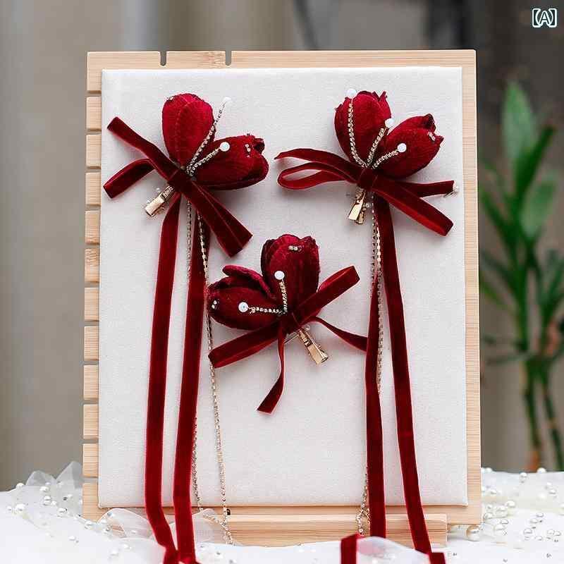 ブライダル アクセサリー 小物 ウェディング 結婚式 パーティー 婦 花嫁 舞台 小道具 コスプレ チャイナ風 起毛 チューリップ 頭飾り ストリーマー ヘアピン エスニック ドレス 赤