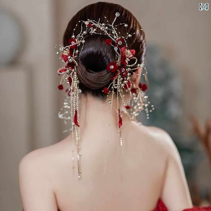 ブライダル アクセサリー 小物 ウェディング 結婚式 パーティー 婦 花嫁 舞台 小道具 コスプレ チャイナ風 ドレス 頭飾り バーガンディィィ フラワークリップ ラインストーン タッセル ヘアピン 衣装 アクセサリー エスニック