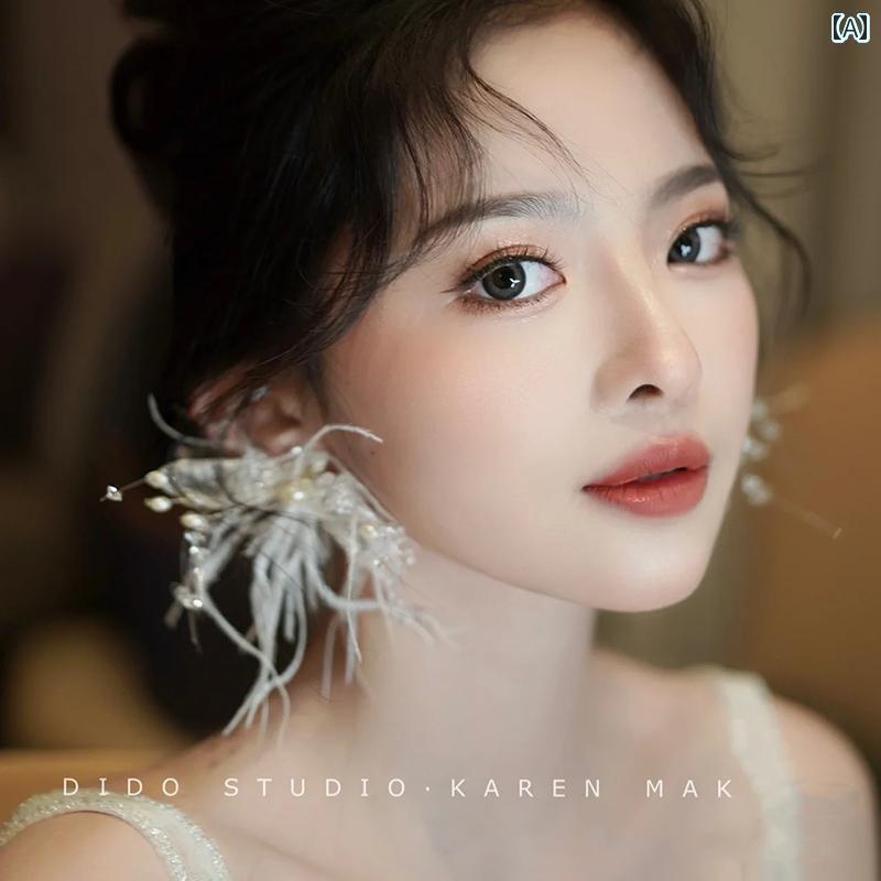 韓国 ブライダル フォレスト フラワー フェザー イヤリング スーパー フェアリー 旅行 写真 ウェディングドレス イヤリング