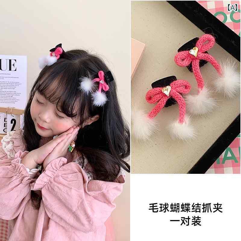 ヘアーアクセサリー 女子 キッズ 子供 2 パック ピンク ニット リボン ファー ボール ラブ ラインストーン プリンセス ヘア 前髪 頭飾り