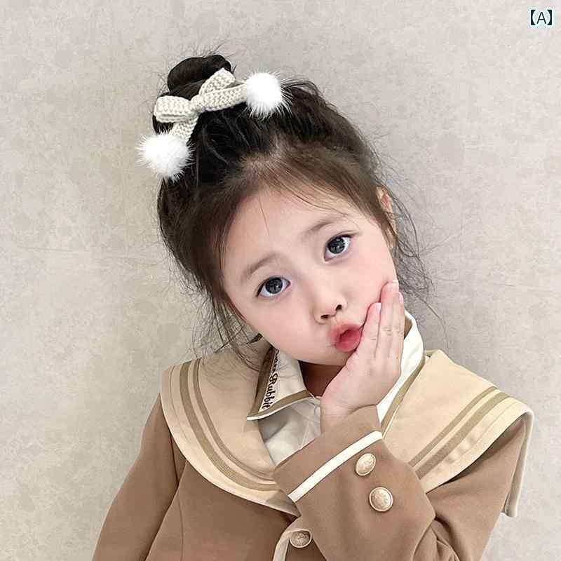 ヘアーアクセサリー 女子 キッズ 子供 コーヒー ニット ウール リボン ヘア ボール ヘアピン 韓国 かわ..