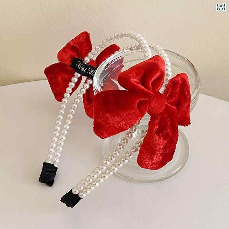 ヘアーアクセサリー 女子 キッズ 子供 年 帽子 赤 ヘッド バンド 複 列 パールリボン ヘッド バンド 少女 年