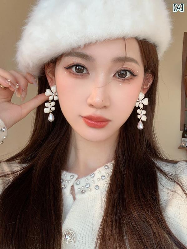 レディース アクセサリー 上品 華やか シルバー ニードル ドリップ オイル フラワー ドロップ パールイ..