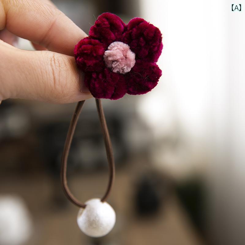 秋冬 パール ウール 小花 ゴム バンド 少女 ポニーテール ヘッド フラワー プリンセス レザーケース 髪..