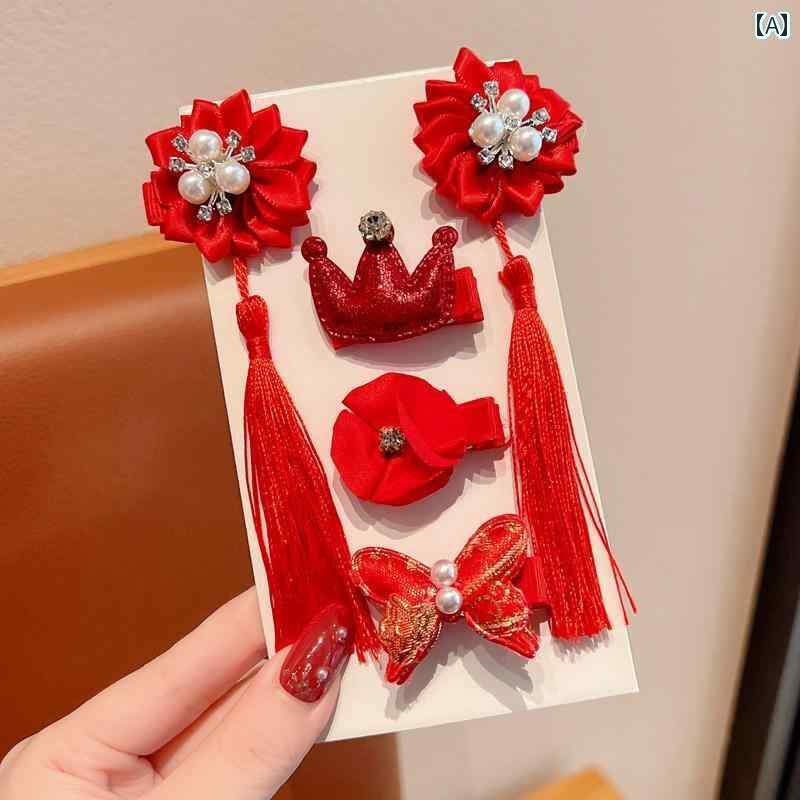 子供 中国 年 挨拶 お祝い 赤 ヘアピン 女 赤ちゃん サイド クリップ チャイナ風 タッセル ヘアピン 頭..