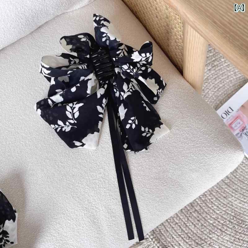 レディース ヘアアクセサリー レトロ 黒白 花 リボン ストリーマー クリップ 後頭部低 ポニーテール ヘアピン クリップ エレガント ヘア アクセサリー