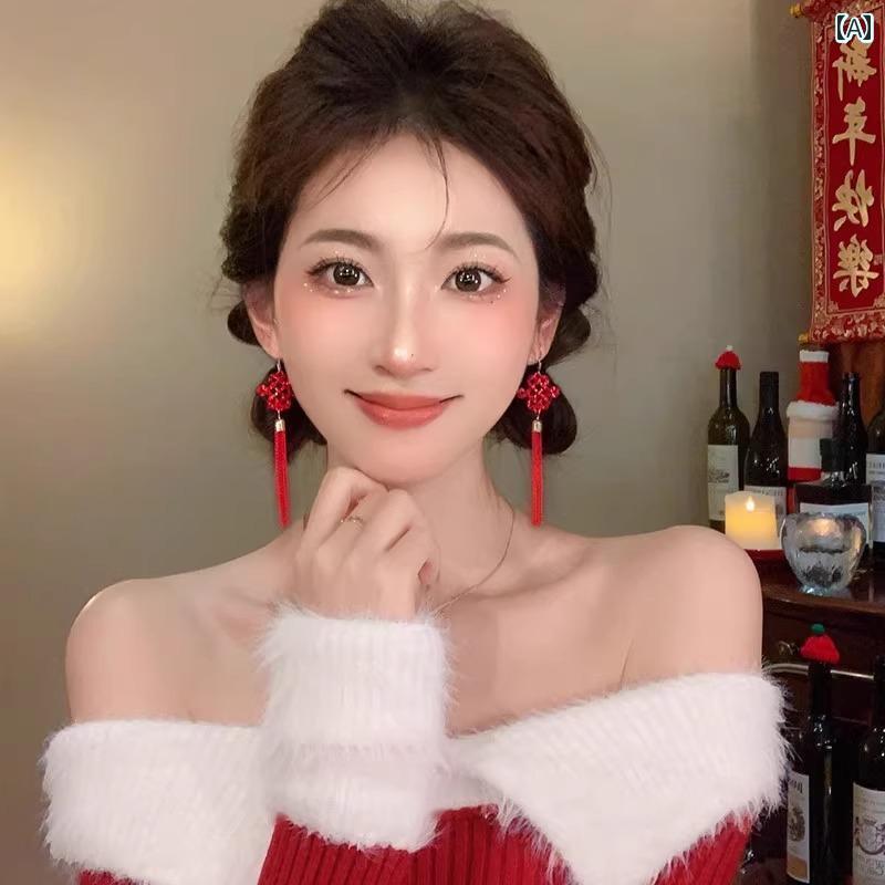 レディース アクセサリー 年 レッド チャイニーズ ノット イヤリング レトロ 年 タッセル イヤリング ブライダル イヤリング