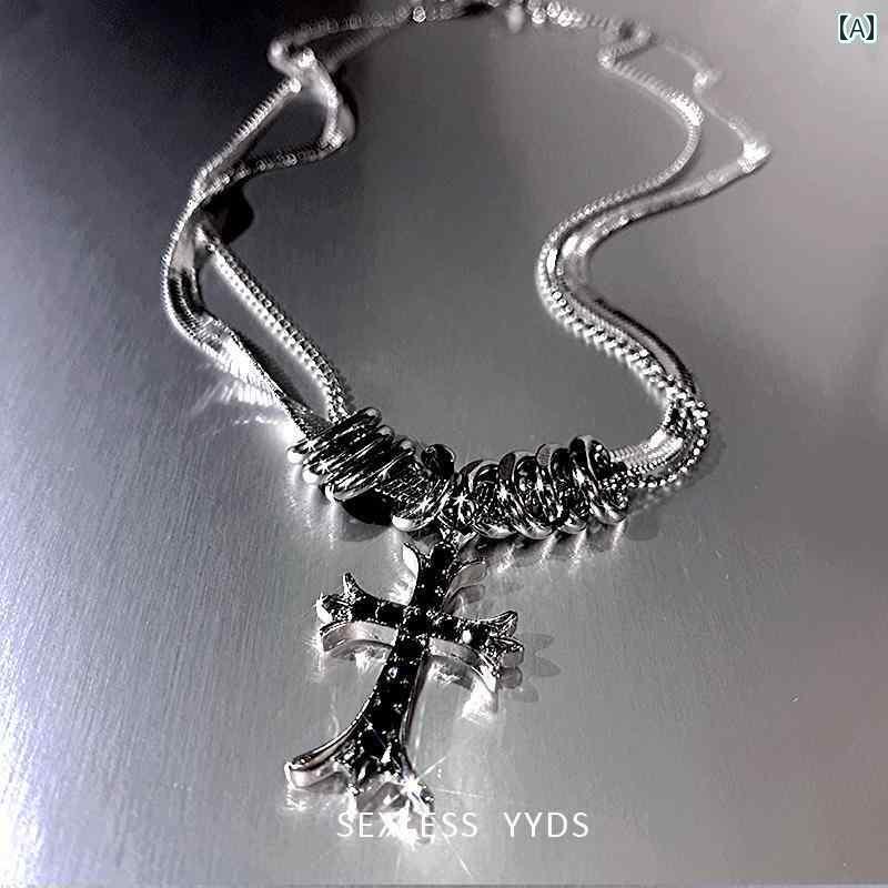 アクセサリー メンズ レディース カップル 二重層 クロス トレーナー ネックレス ヒップ ホップ 鎖骨 ..