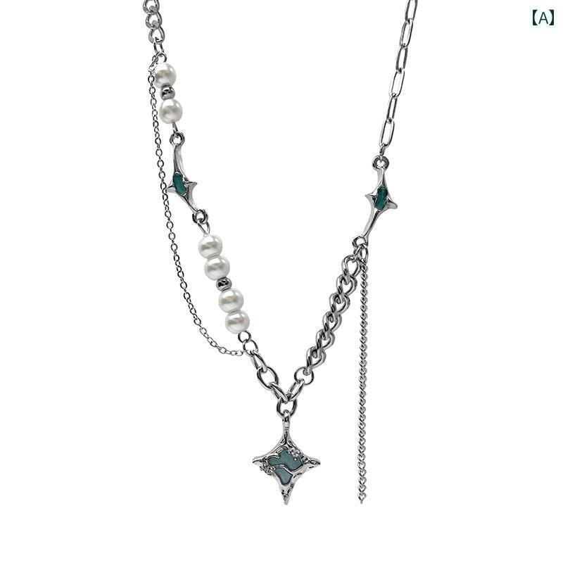 アクセサリー メンズ レディース カップル スター バー スト ネックレス ユニセックス パール 鎖骨 チェーン ボーイズヒップ ホップ 夏(4)