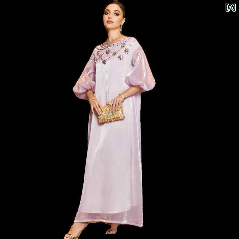 レディース 軽量 涼しいパープル 明るい 手縫い パフスリーブドレス 大きいサイズ ドバイ 中東 ロング ドレス