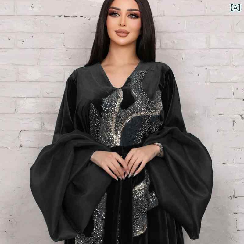 レディース エレガント 長袖 ロング スカート 秋冬 ローブ 金 起毛 ドレス 立体 スパンコール キラキラ キラキラ キラキラ 刺繍 休暇 パフスリーブ