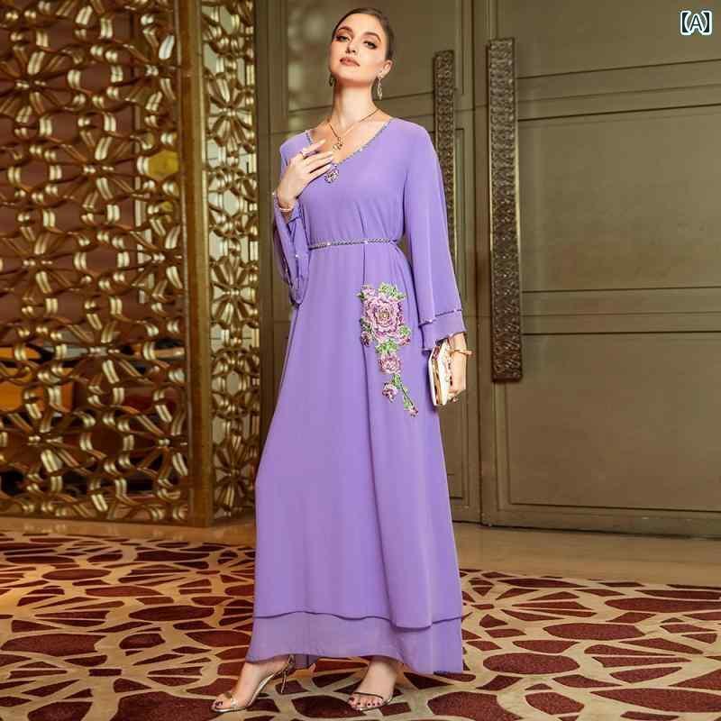 レディース エレガント エレガント 休暇 東南 アジア ドレス 二層 シフォン 手 刺繍 ローブ ロング スカート 長袖