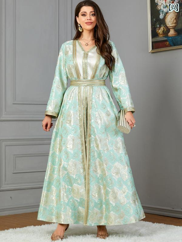 レディース サウジアラビア ホリデー 旅行 イブニングドレス エレガント 秋冬 ローズ ジャカード ドレス ロング スカート 長袖