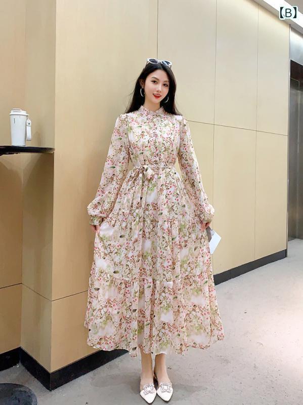 レディース 春秋 東南 アジア 花柄 ドレス エレガント 優しく ウエスト 細く 長袖 シフォン ティーブレイク ドレス
