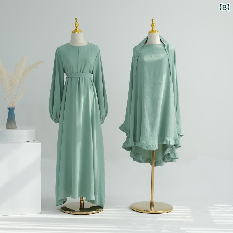 レディース ドバイ 中東 ドバイ ブルゾン スリーブドレス ロング スカート ラウンドネック ソリッドカラー 2点 セット エレガント