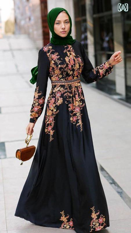 レディース ドバイ 黒 ローブ 花柄 ドレス ポジショニング 花柄 ガウン 中東 ロング ドレス エレガント 長袖 旅行