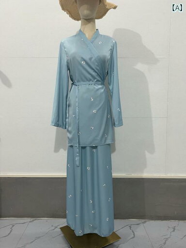 レディース マレーシア 東南 アジア 秋 長袖 プリント サテン Vネック ドレス ロング スカート レディース マレーシア 東南 アジア 秋 長袖 プリント サテン Vネック ドレス ロング スカート