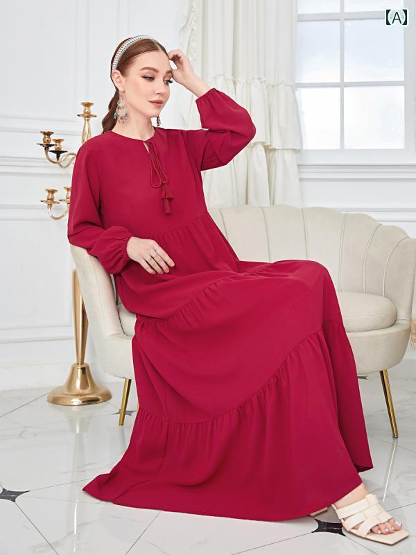 レディース ドバイ ゆったり 長袖 ローブ パフスリーブ 芸術 レトロ プリント タイ ネック ウエスト ドレス ロング スカート