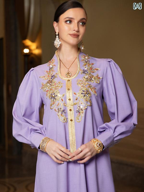 レディース パープル 長袖 パフスリーブ エレガント ロング ドレス レースアップリケ 手縫い ドレス 中東 ローブ