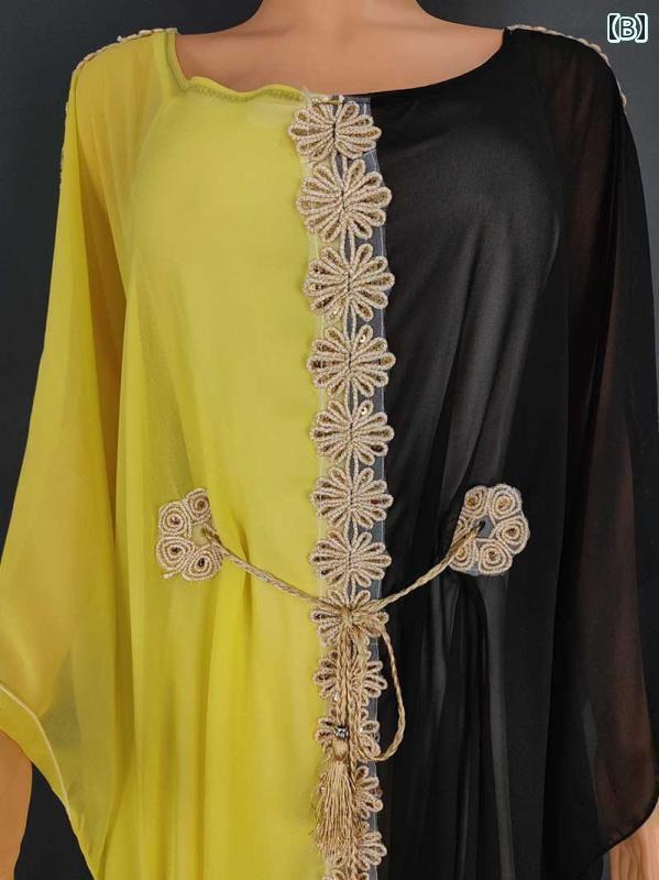 レディース クロスボーダー シフォン カラー ブロック レースアップ バット シャツ ローブ ロング スカート アフリカ 大きいサイズ 刺繍 コウモリ スリーブドレス