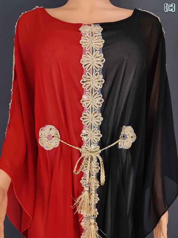 レディース クロスボーダー シフォン カラー ブロック レースアップ バット シャツ ローブ ロング スカート アフリカ 大きいサイズ 刺繍 コウモリ スリーブドレス