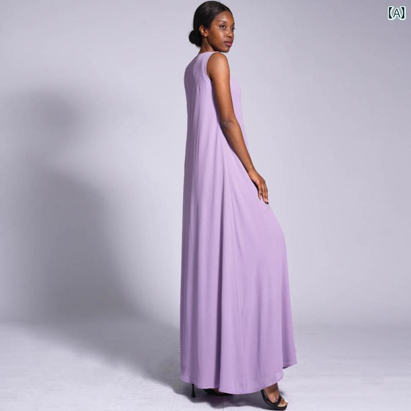 レディース 夏 二重層 シフォン ノースリーブドレス 無地 シンプル ロング スカート エレガント