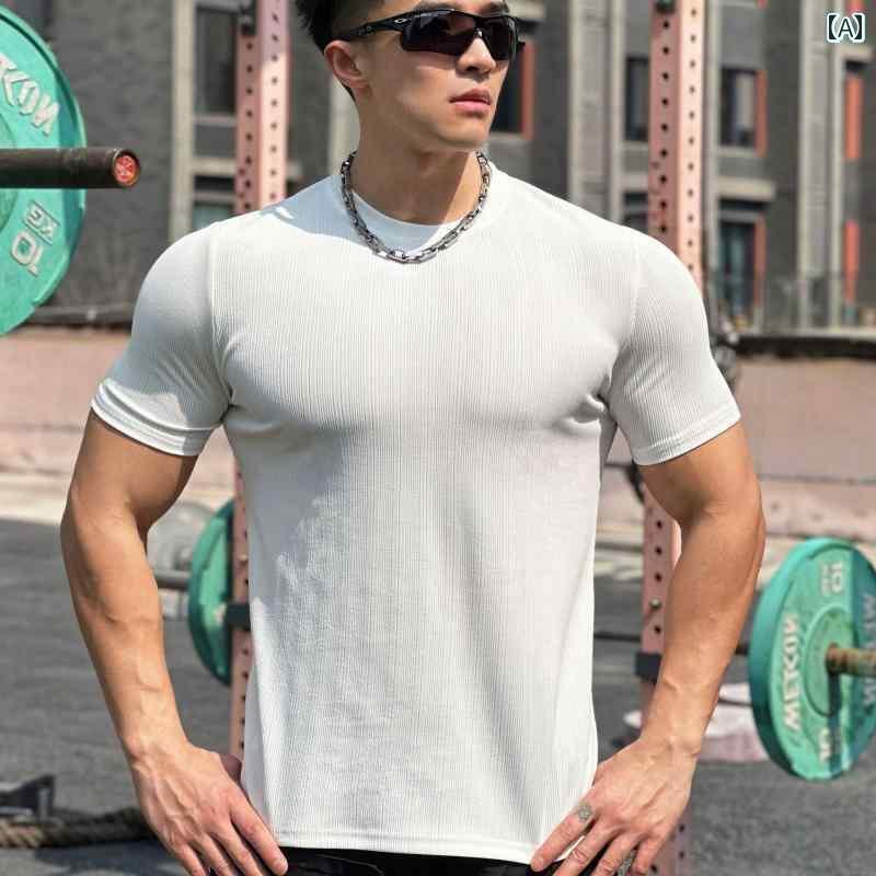 楽天おうち健康生活メンズ 半袖 マッスル フィットネス スポーツ Tシャツ 速乾 通気性 快適 ストライプ ジャカード 春夏 ランニング トレンド