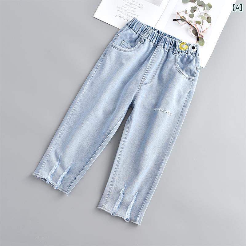 子供服 女の子 キッズ かわいい おしゃれ 少女 クロップドパンツ デニム 夏 薄手 涼しい 涼しい 涼しい 涼しい 児 夏 カジュアル 薄手 涼しい 涼しい 涼しい 涼しい パンツ