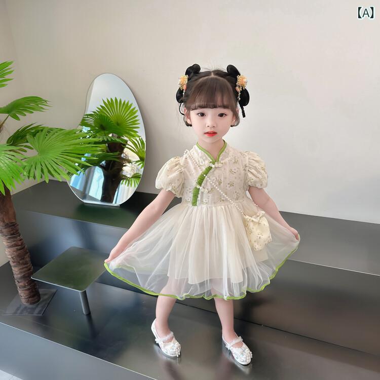 子供服 女の子 キッズ かわいい おしゃれ 少女 夏 チャイナ風 白 花柄 スタンドカラー 斜め襟 ボタン ガーゼ スカート 半袖 アンティーク 風