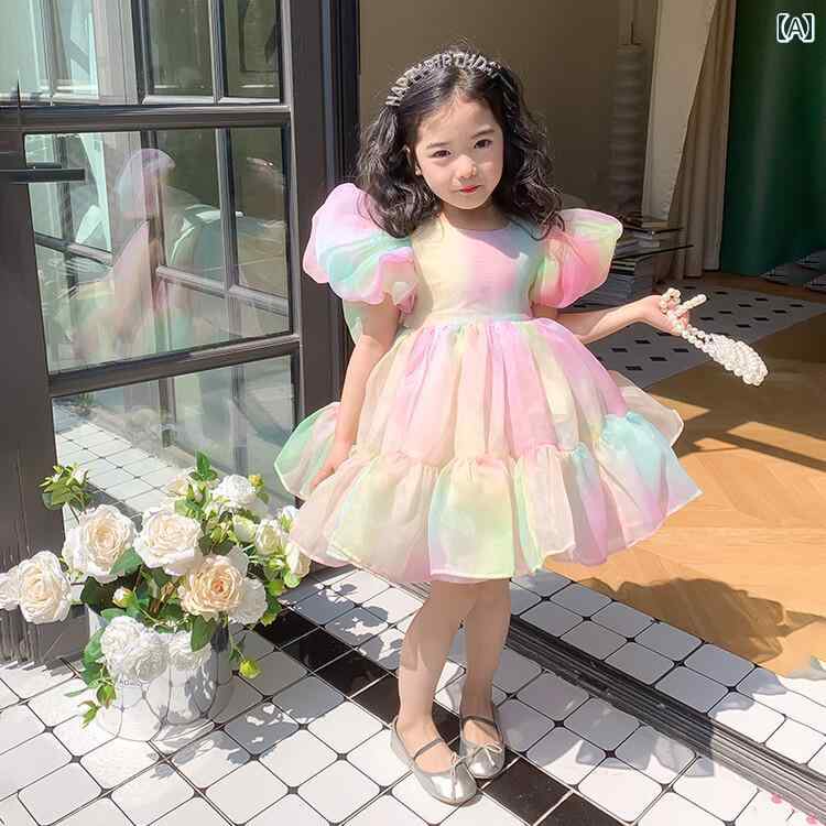 子供服 女の子 キッズ かわいい おしゃれ 少女 夏 カラフル メッシュ 大きめ リボン パフスリーブ ウエスト 締める プリンセス 韓国