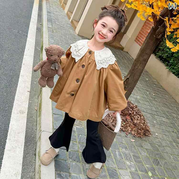 子供服 女の子 キッズ かわいい おしゃれ 春秋 レース 襟 コットン シングルブレスト ブラウン ジャケット 新 6歳 90 サイズ ウィンドブレーカー
