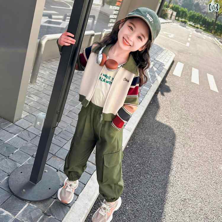 子供服 女の子 キッズ かわいい おしゃれ 春秋 4歳 混合 ストライプ ジッパー スタンドカラー セーター ジャケット 韓国 カーディガン