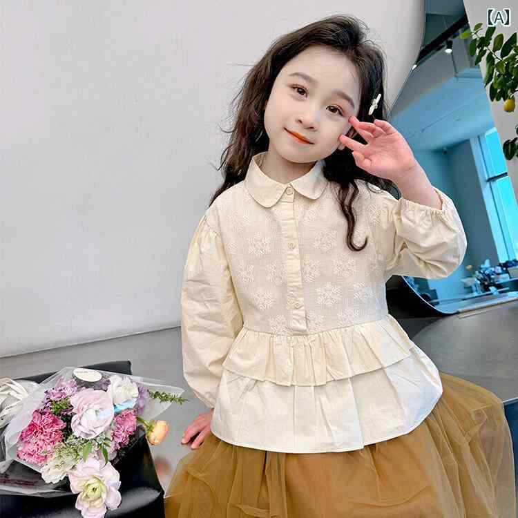 子供服 女の子 キッズ かわいい おしゃれ 春秋 綿 オフ ホワイト 長袖 シャツ 韓国 刺繍 シャツ