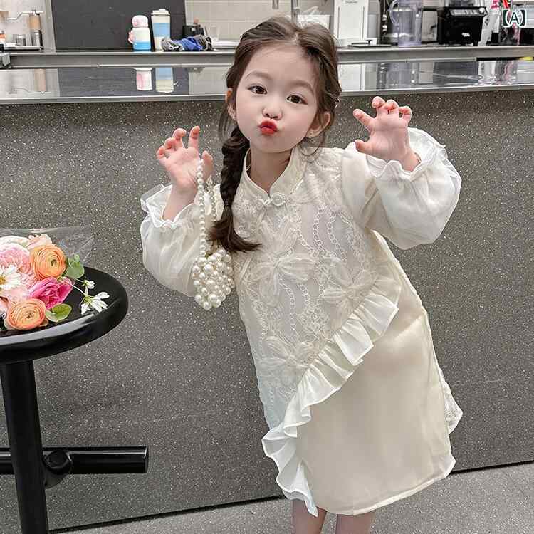 子供服 女の子 キッズ かわいい おしゃれ 春秋 チャイナ風 スタンドカラー 斜め 前立て 刺繍非対称 aラ..